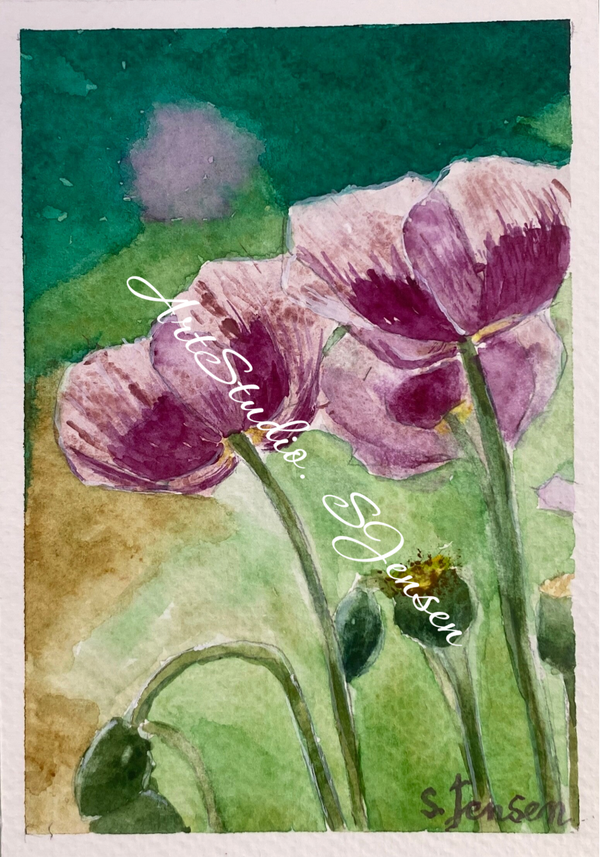 Handmade Watercolor Postcards Paiper Flowers– Set of 4 Signed by S.Jensen