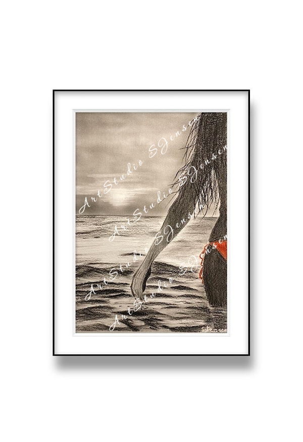 Warm Sunset Sea-Originsl Signed Charcoal Soft Pastel Drawing by S.Jensen