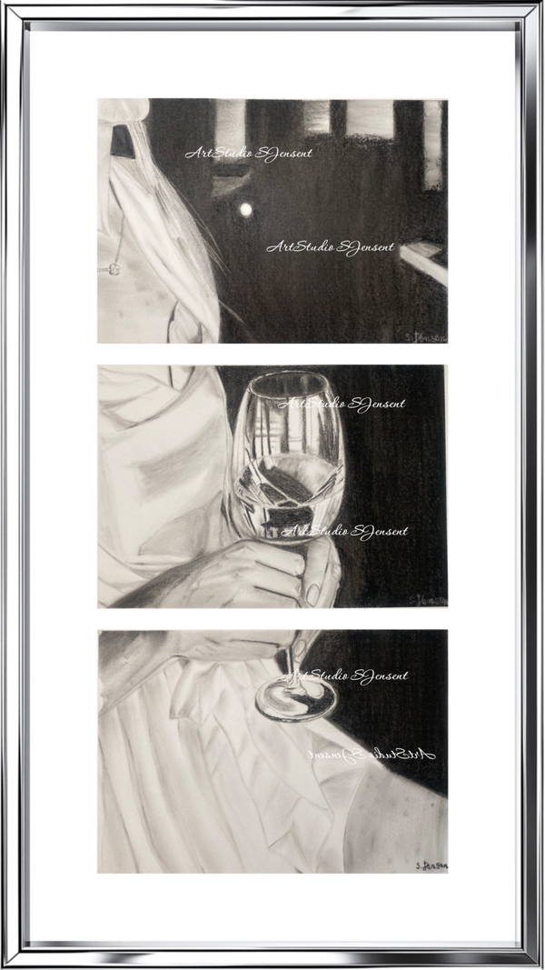 A Lady’s Quiet Evening- Original Signed Three-Panel  Charcoal Drawing by S.Jensen