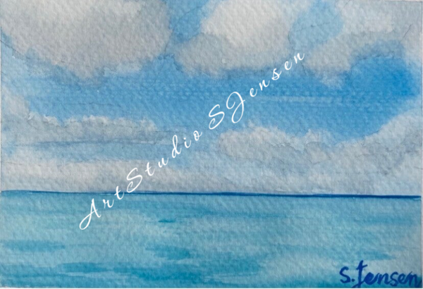 Handmade Watercolor Postcards Blue in Blue– Set of 4 Signed by S.Jensen