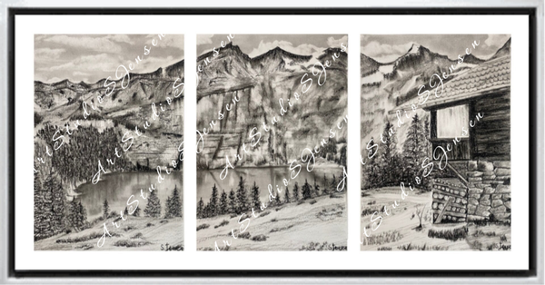 Dreamy Mountain -Original Signed Three Panels Charcoal Drawing by S.Jensen