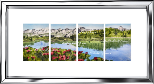 Mountain Lake Flowers- Original signed Four -Panel Watercolor Painting by S.Jensen