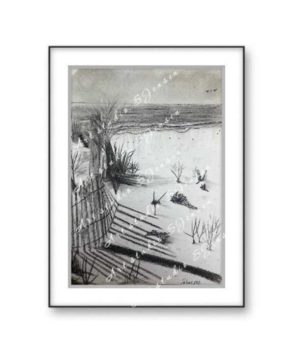 Sunny Beach- Original Signed Charcoal Drawing by S. Jensen