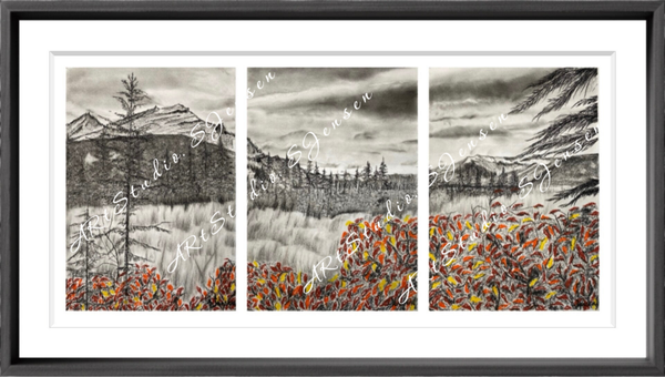 In the Continuous Autumn-Original Signed Three-Panel Charcoal Soft Pastel Drawing by S.Jensen