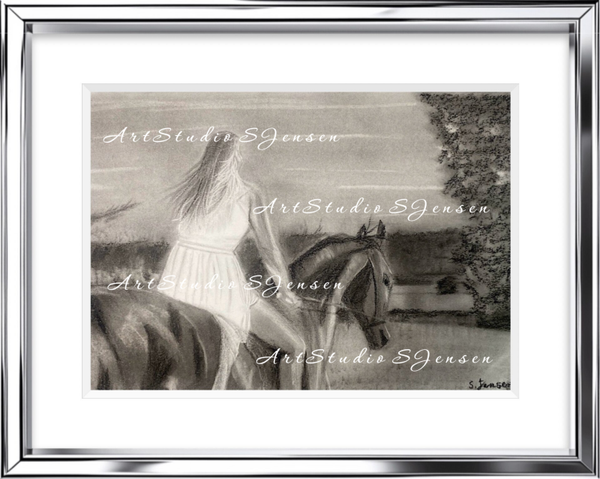 She on Horseback-Original Signed Semiabstract Charcoal Drawing by S.Jensen