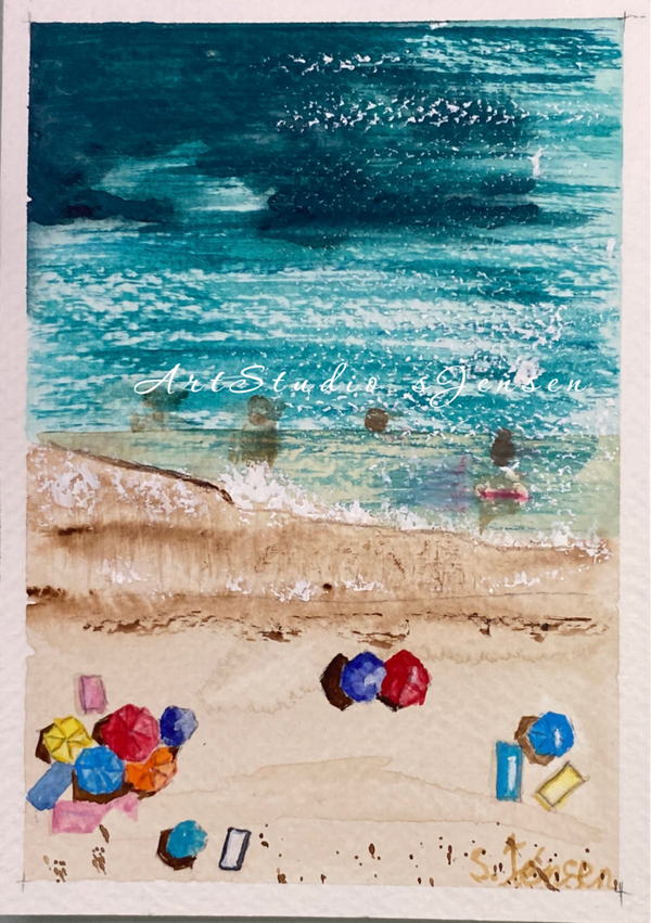 Handmade Watercolor Postcards with Beach– Set of 4 Signed by S.Jensen