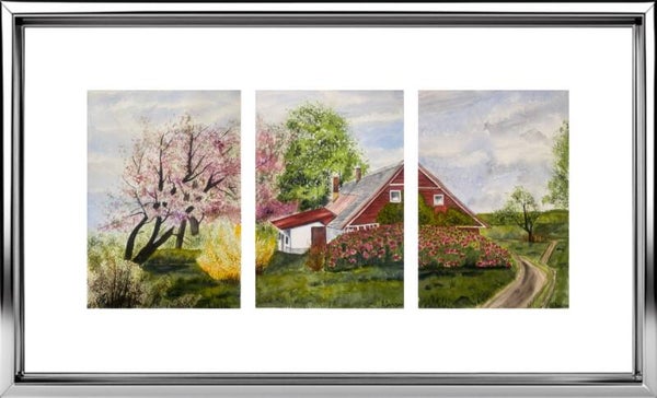 Where Spring Breathes in Soft Color-Original Signed Three Panels Watercolor Painting by S.Jensen