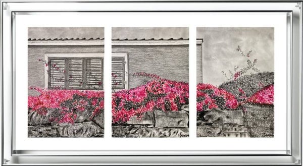 Stone wall in Flowers-Original Charcoal Soft Pastel Signed Three Panels Drawing by S.Jensen