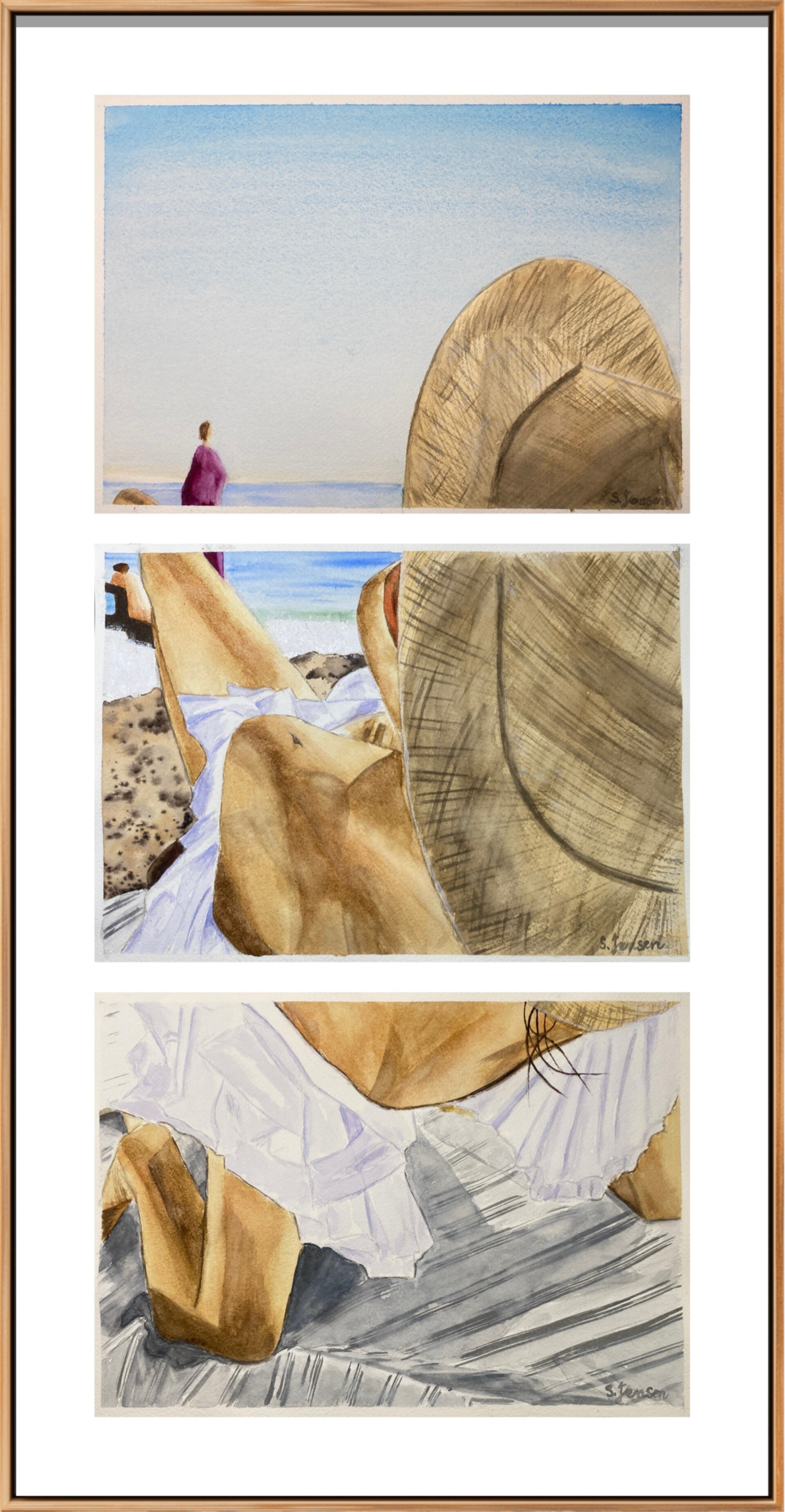 Beach Time - Original Signed Three Panels Watercolor Paining by S.Jensen