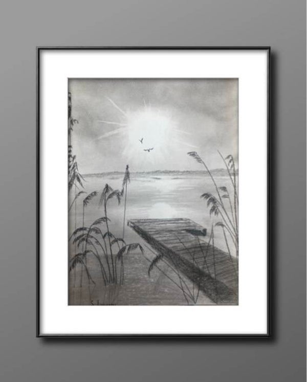 Sunset in the Meadow-Original Signed Charcoal Drawing by S.Jensen