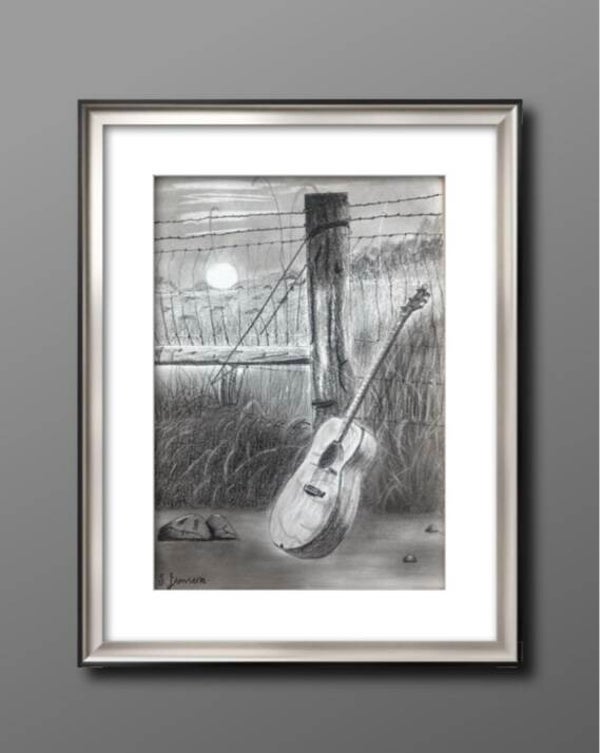 Guitar by the Fence- Originsl Watercolor Drawing by S. Jensen