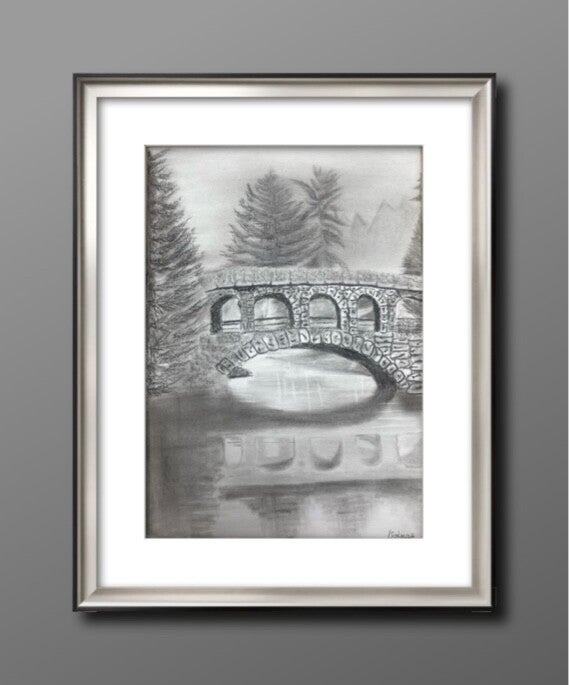 Stone Bridge Over Water- Original Charcoal Drawing by S. Jensen
