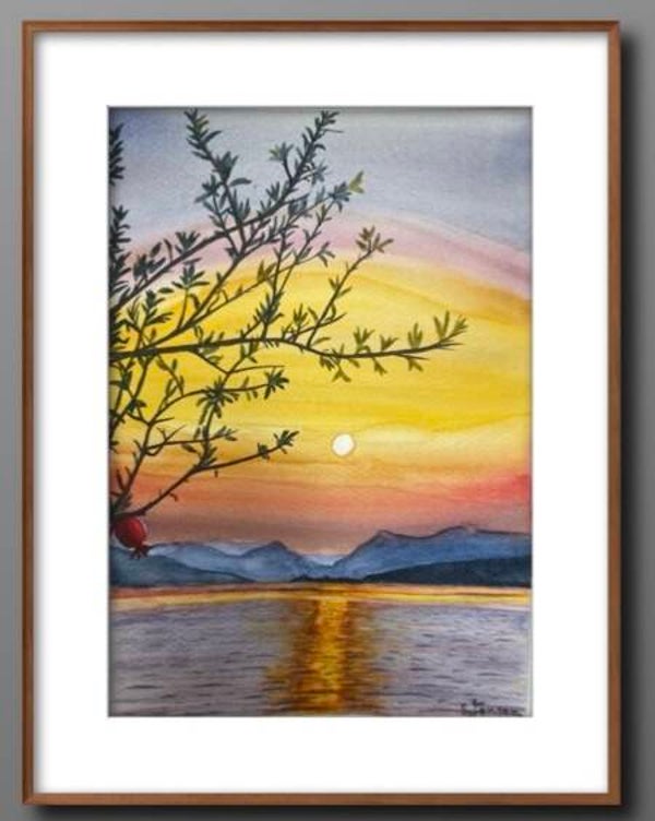 Sunset with Pomegranate- Original water color painting by S. Jensen
