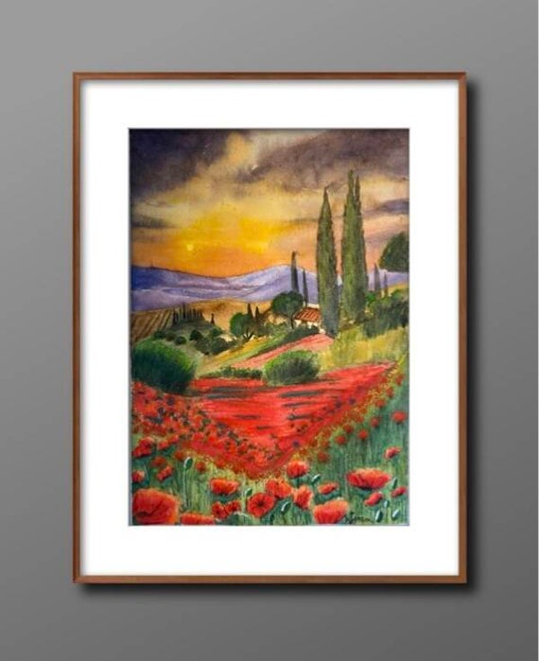 Sunset Over Poppy Valley – Original Watercolor & Pastel Painting by S.Jensen