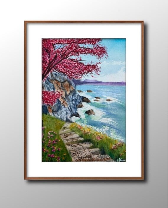 Blossoms by the Sea - Original Watercolor Painting by S. Jensen.