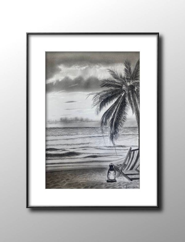 Sunset at the sea in summer- Original Signed Charcoal Drawing by S.Jensen