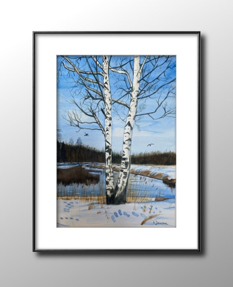 Winter landscape- Original Watercolor Painting by S. Jensen