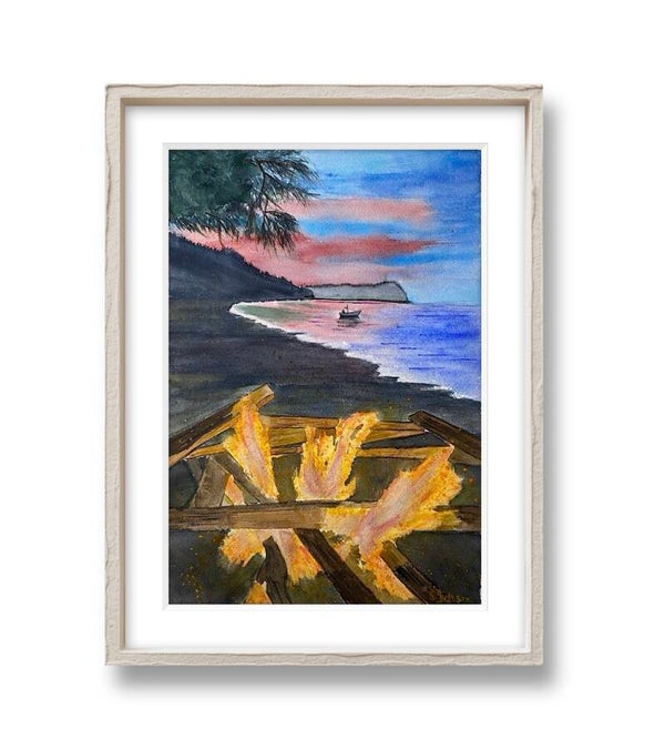 Beach Camping Fire- Original Signed  Watercolor Painting by S.Jensen
