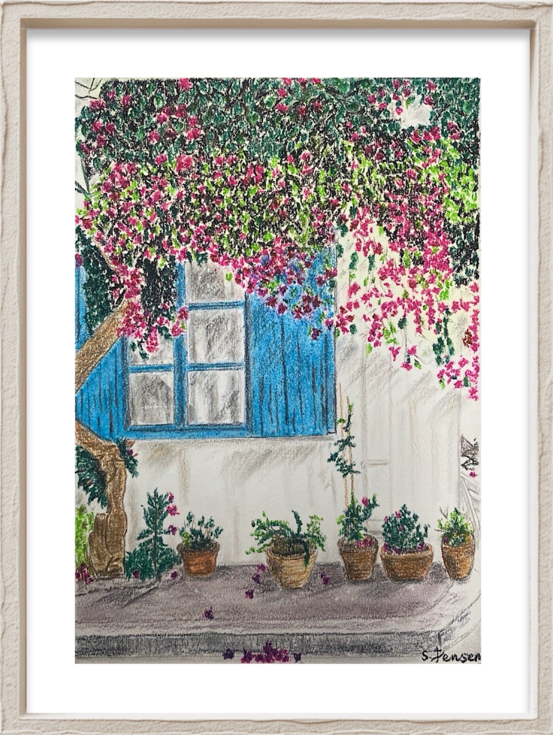 The Terrace of Flowers-Original Signed Soft Pastel and Tinted Charcoal Drawing by S. Jensen