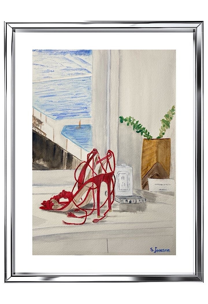 Red Heels by the Blue Sea-Original Signed Watercolor Painting  by S.Jensen