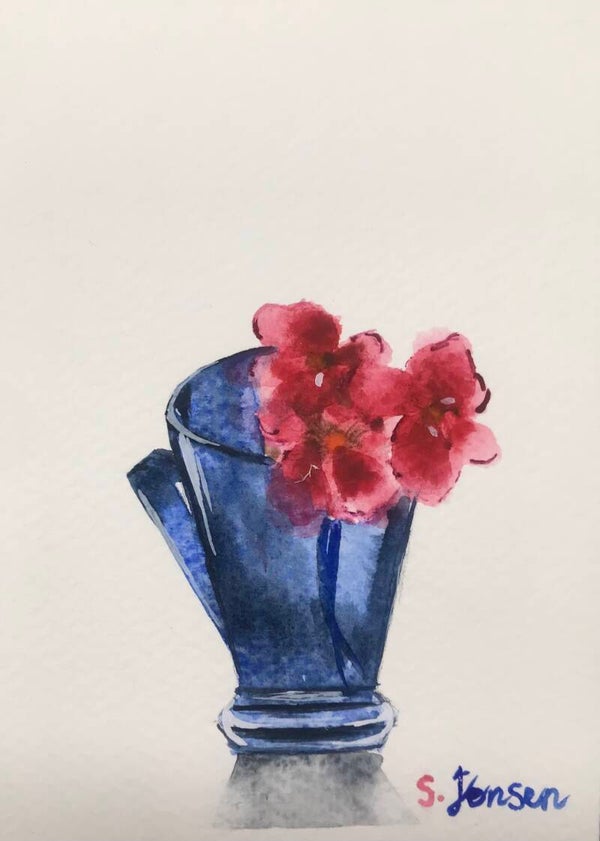 Handmade Watercolor Postcards with blue cup and Flowers – Set of 4 Signed by S.Jensen
