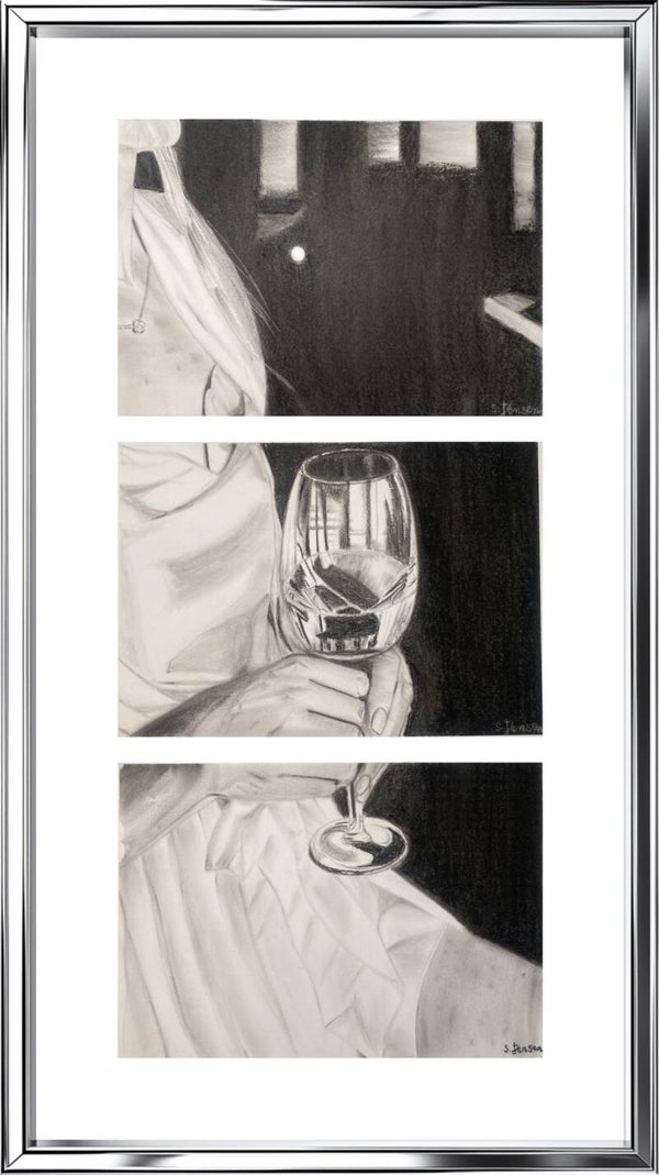 A Lady’s Quiet Evening- Original Signed Three-Panel  Charcoal Drawing by S.Jensen