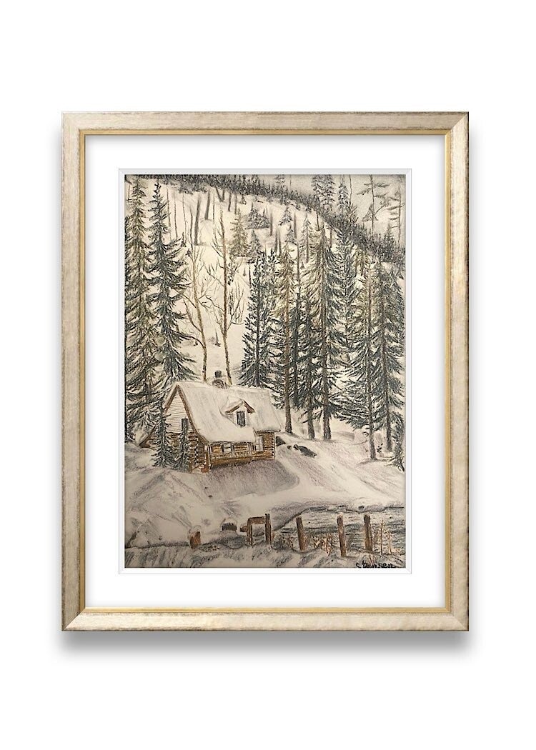 Peaceful Winter Day- Original Signed Tintet Charcoal Drawing by S. Jensen