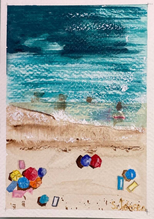 Handmade Watercolor Postcards with Beach– Set of 4 Signed by S.Jensen