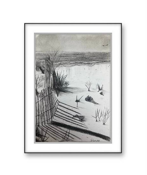 Sunny Beach- Original Signed Charcoal Drawing by S. Jensen