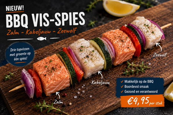 BBQ vis-spies (met zalm, kabeljauw & zeewolf)