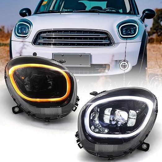 Huray - Conjunto de faros LED para BMW Mini Cooper Countryman R60/Pacman R61 2011-2016, [solo para tipo halógeno] [con LED DRL], faro con animación dinámica de arranque, MNR60003
