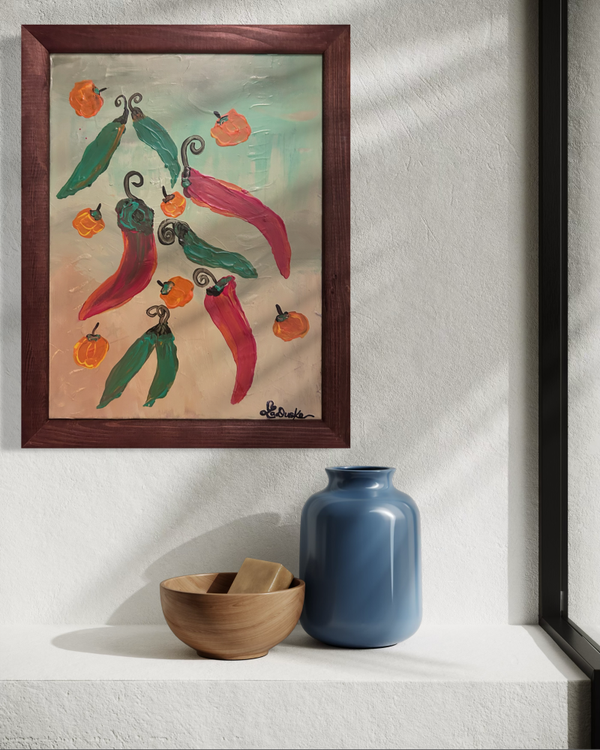 Jolly ‘Ol Peppers 12x16x.75” with Vintage wood frame