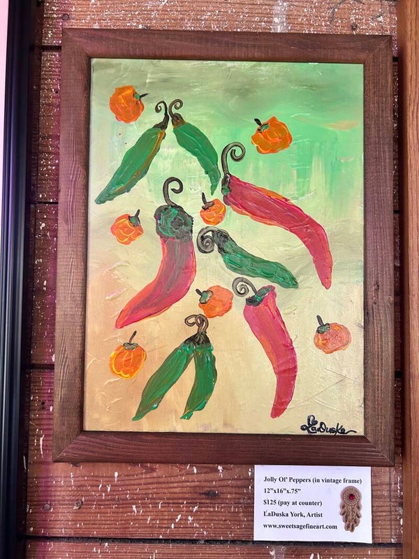 Jolly Ol’ Peppers  12x16” in Vintage wood frame