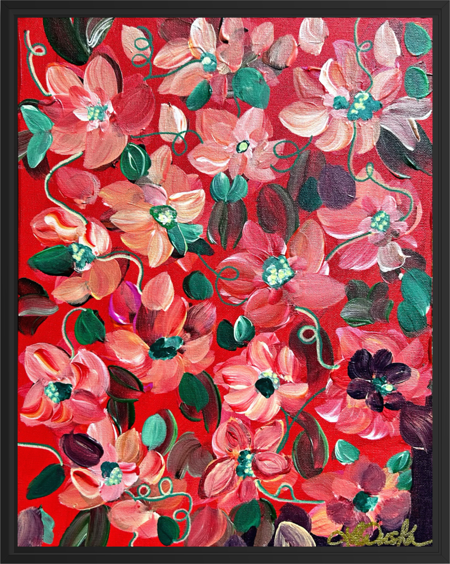 Vermillion Bouquet 11x14” canvas panel, framed