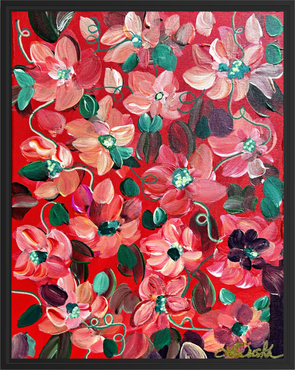 Vermillion Bouquet 11x14” canvas panel, framed