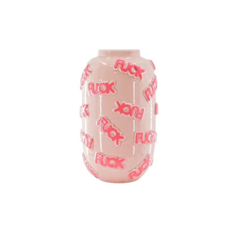 Vaas - Bloemen Vaas 'FUCK' - Keramiek - Licht Roze/Fluor Roze - 17x17x27cm