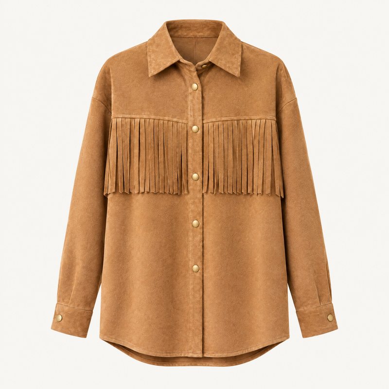 🤎 Suèdelook Blousejas met Franjes – Camel | Maat L/XL
