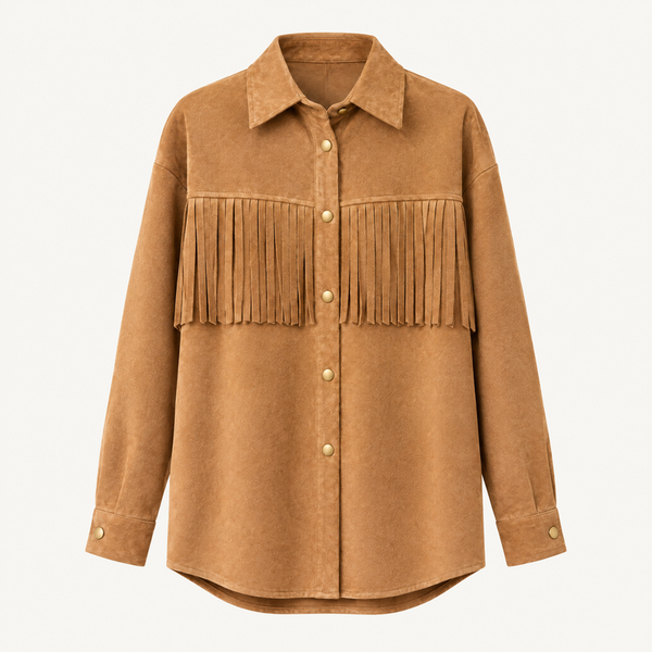 🤎 Suèdelook Blousejas met Franjes – Camel | Maat L/XL
