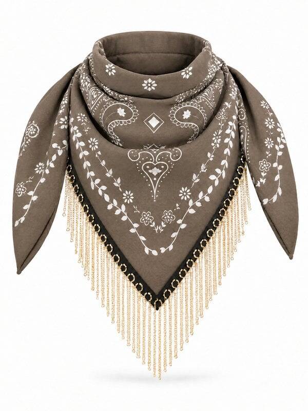 Bandana Sjaal met Gouden Kettingfranje – Taupe | S-71448