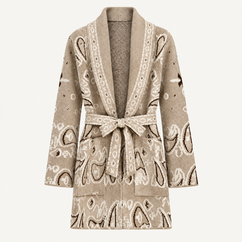 Lang Jacquard Vest met Paisleyprint en Ceintuur A5065 – One Size – Beige