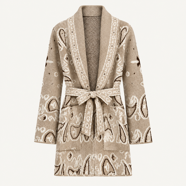 Lang Jacquard Vest met Paisleyprint en Ceintuur A5065 – One Size – Beige