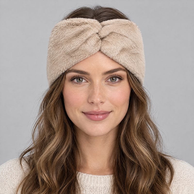 ✨ Zachte Faux Fur Hoofdband met Twist – Camel, Crème & Beige ✨