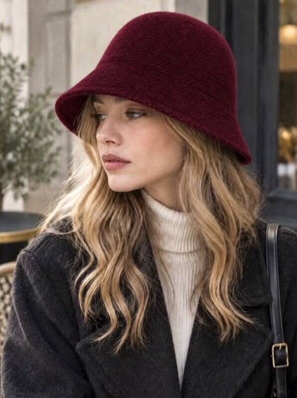 🍷 Gebreide Bucket Hat – Bordeaux