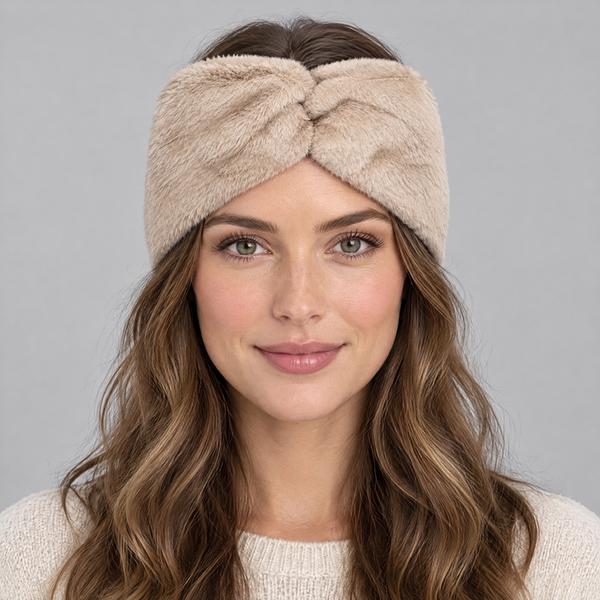 ✨ Zachte Faux Fur Hoofdband met Twist – Camel, Crème & Beige ✨