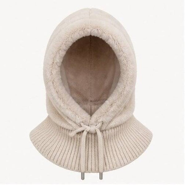 Deze zachte faux-fur balaclava combineert een ruime pluche capuchon met een brede geribde nekwarmer