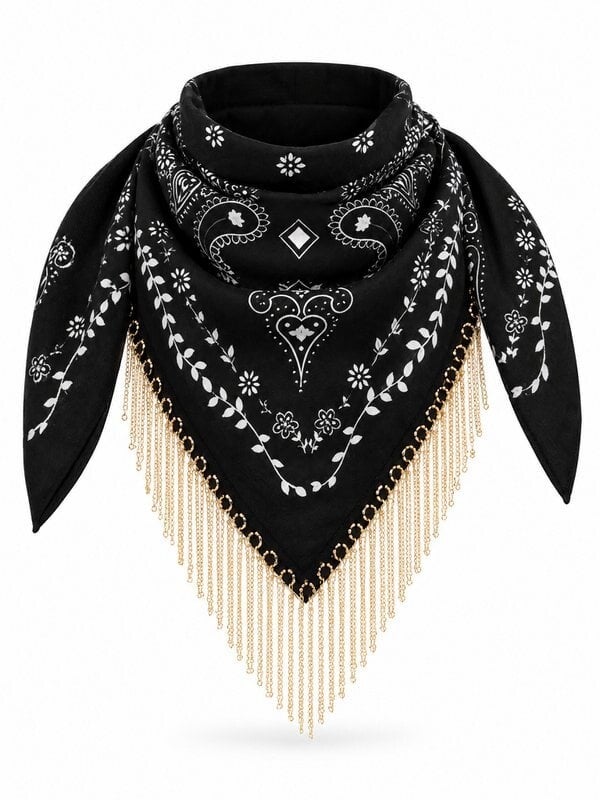 Bandana Sjaal met Gouden Kettingfranje – Zwart/Wit | S-71448