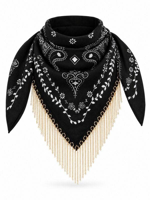 Bandana Sjaal met Gouden Kettingfranje – Zwart/Wit | S-71448