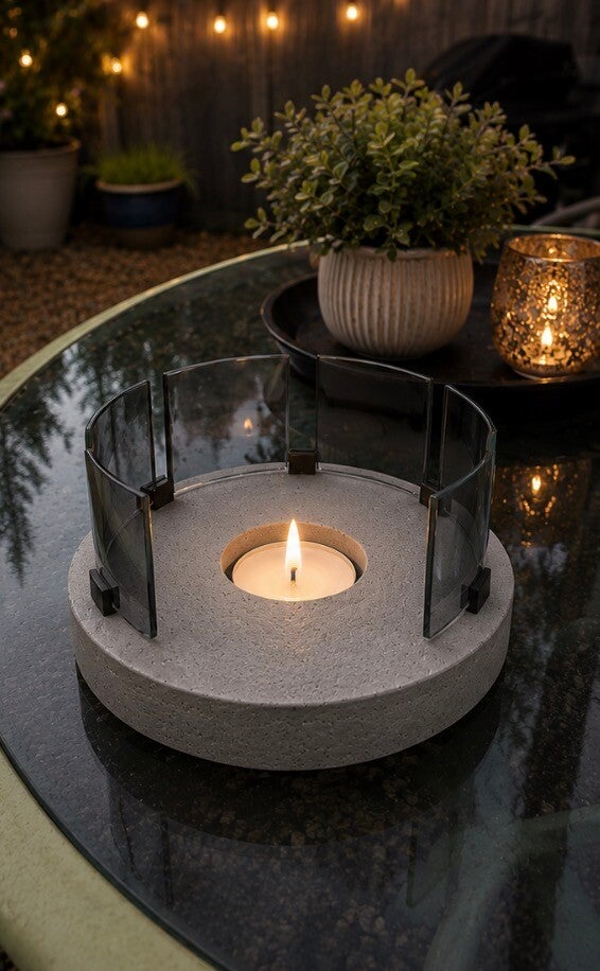 8” Concrete Candle Holder with Smoked Grey Glass Wind Guard