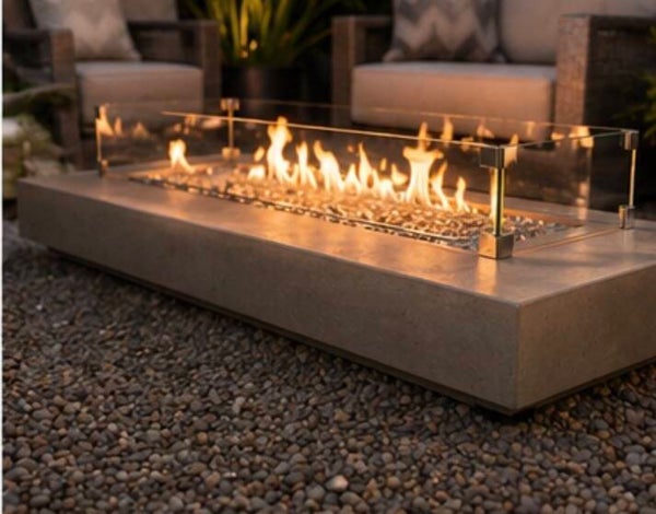 Low Profile Concrete Bioethanol Fire Pit Table | Luxury Smokeless Outdoor Fire Feature with Glass Wind Guard | Modern Garden & Patio Fire Pit | Beige, Mid Grey & Graphite