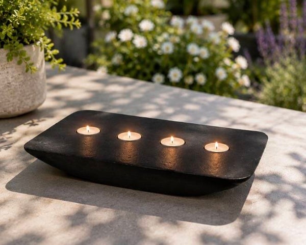 Modern Rectangular Tealight Candle Holder Tray – 14 x 8 x 4 Inch – Black & Light Grey Decorative Centerpiece for Indoor & Outdoor Décor